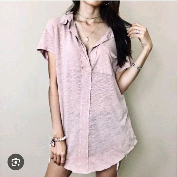 Free People Light Pink Linen Blend Beachy Casual Tunic The Posh Tee Shirt Size S - Picture 1 of 8
